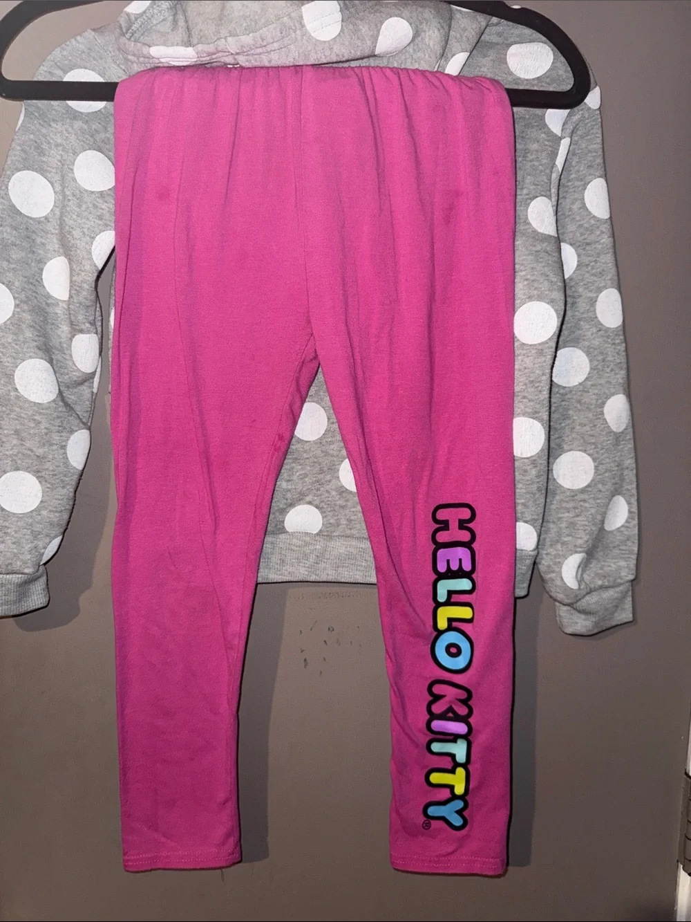 Hello Kitty Two-Piece Sweatsuit, Pink Leggings with Gray Polka Dot Hoodie Set